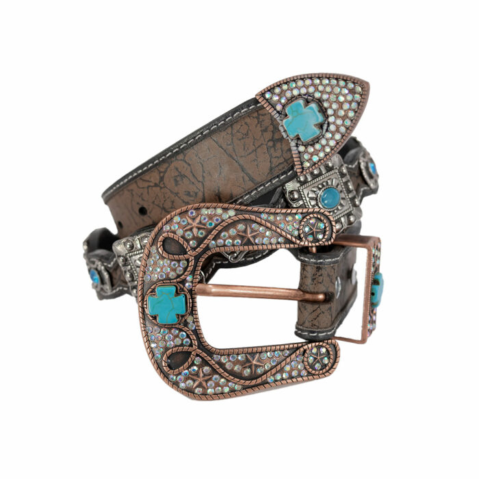Cinturon Mujer En Piel Autentica Mabo Western Rueda Hebilla Azul Mod129707 - Imagen 1