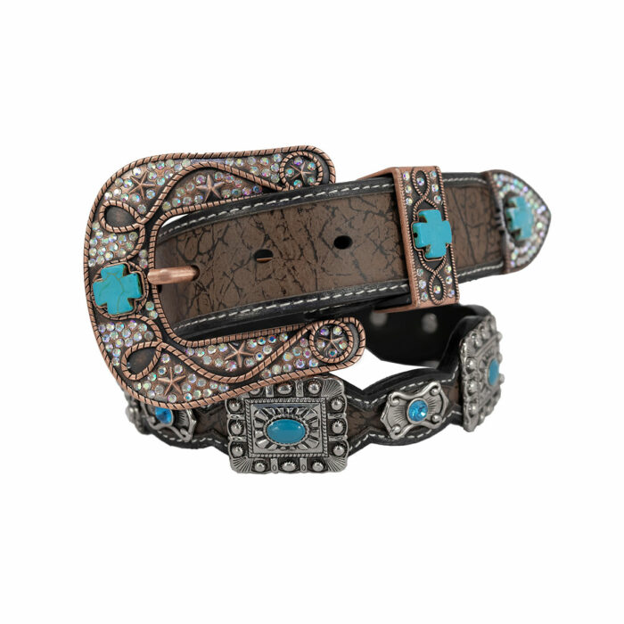 Cinturon Mujer En Piel Autentica Mabo Western Rueda Hebilla Azul Mod129707 - Imagen 3