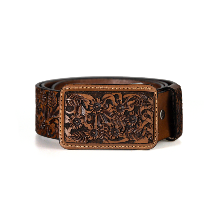 Cinturon Mujer En Piel Autentica Western Cincelado Florecita Mod129299 - Imagen 1